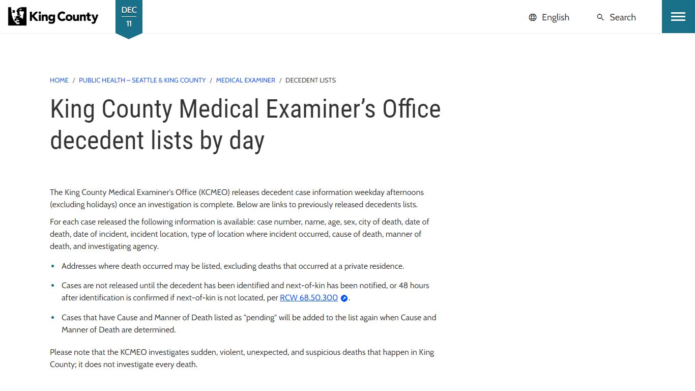 King County Medical Examiner’s Office decedent lists by day